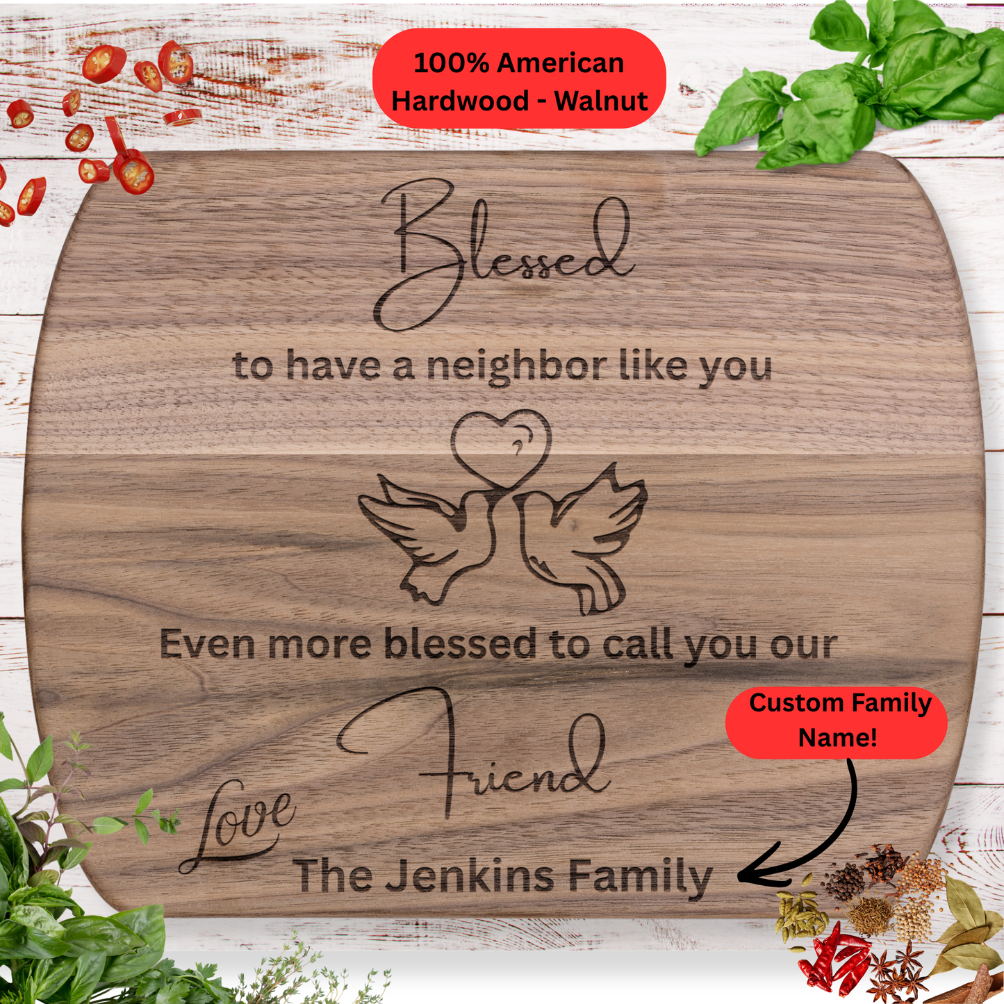 Personalized Neighbor Cutting Board Gift. Custom Family Name Gift. Maple or Walnut