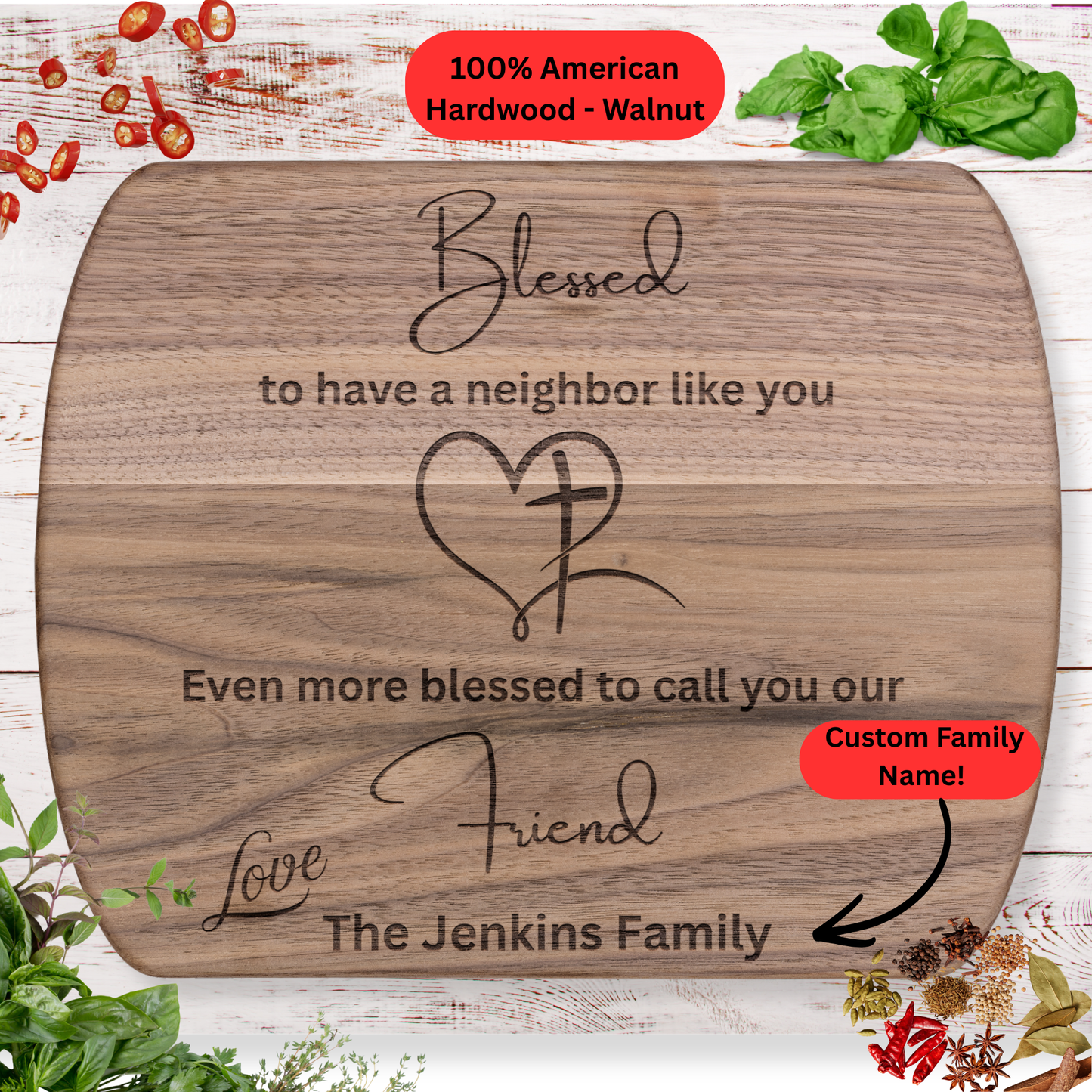 Personalized Christian Neighbor Cutting Board Gift. Custom Family Name Gift. Maple or Walnut