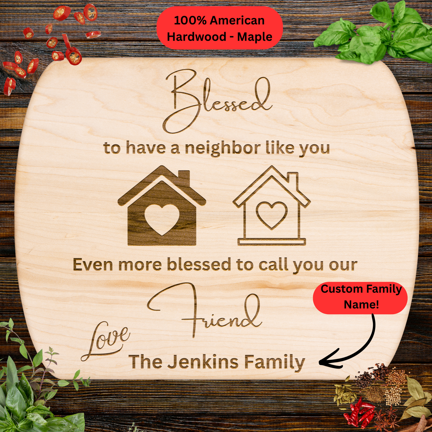 Personalized Neighbor Cutting Board Gift. Custom Family Name Gift. Maple or Walnut