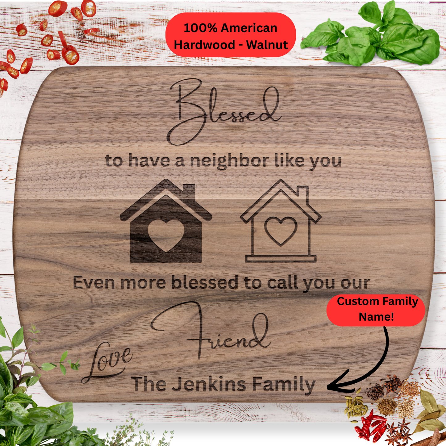 Personalized Neighbor Cutting Board Gift. Custom Family Name Gift. Maple or Walnut