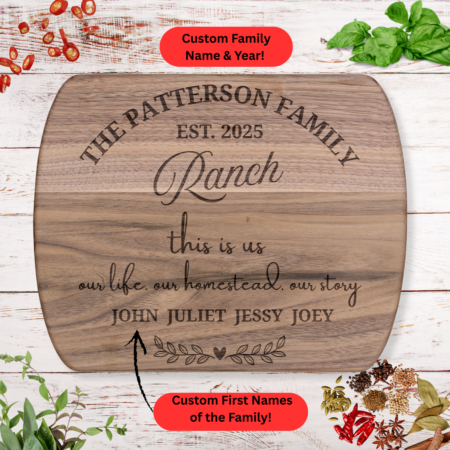 Personalized Ranch Cutting Board. Custom Family Names and Year. Rustic Farmhouse Gift. Ranch Family Gift