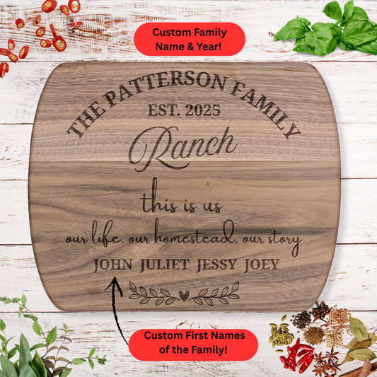 Personalized Ranch Cutting Board. Custom Family Names and Year. Rustic Farmhouse Gift. Ranch Family Gift