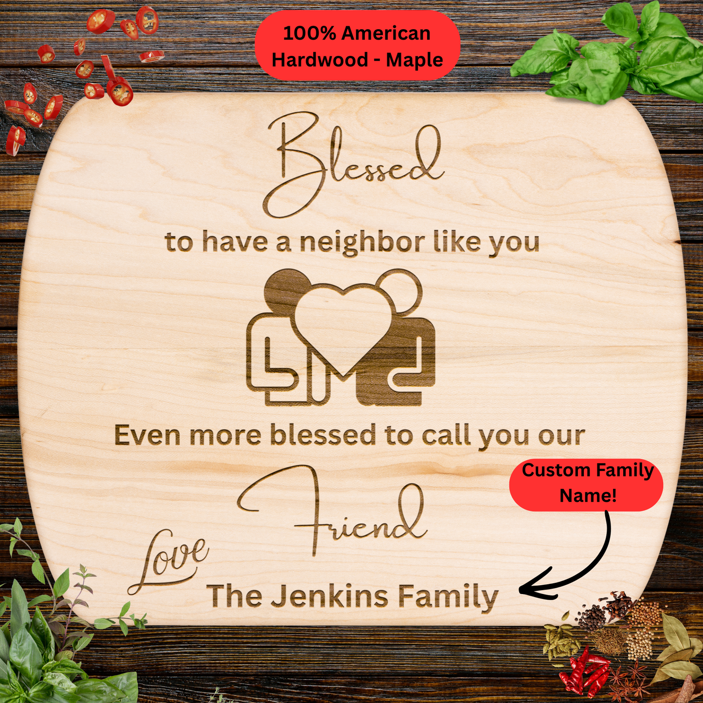 Personalized Neighbor Cutting Board Gift. Custom Family Name Friendship Gift. Maple or Walnut
