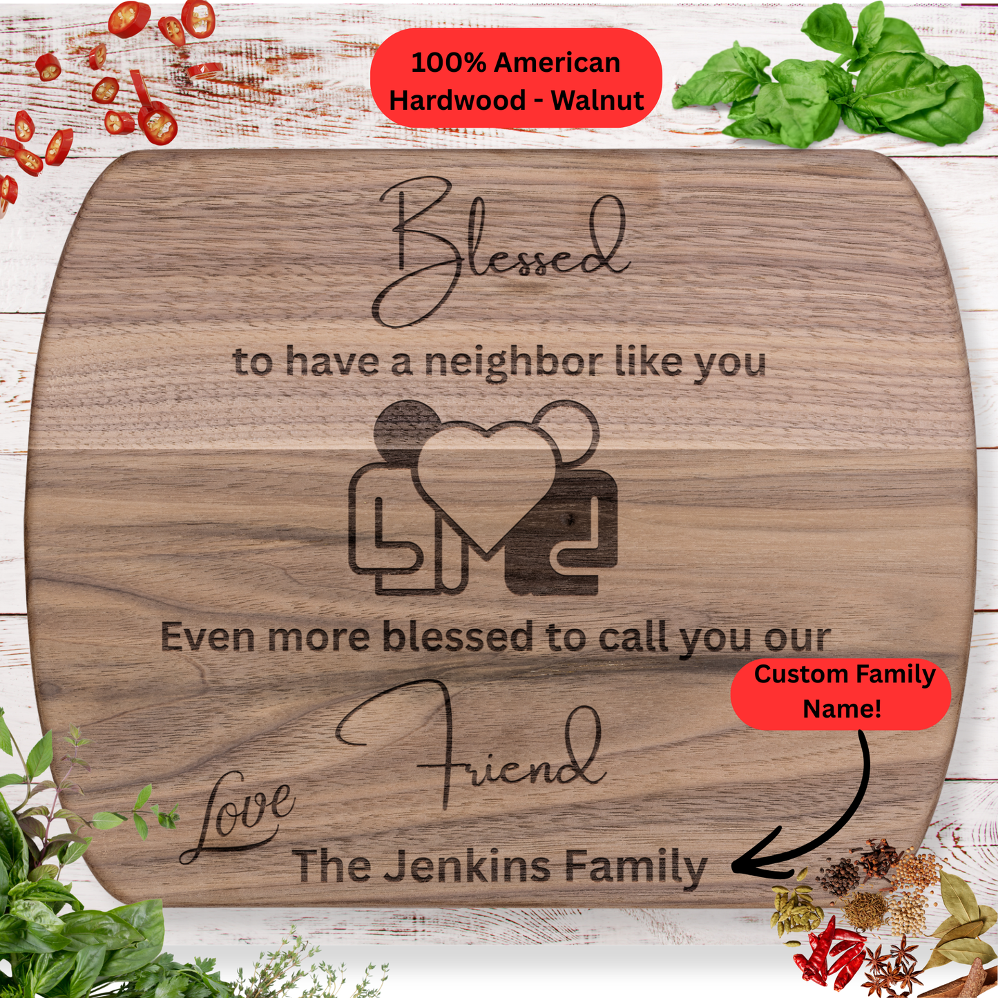 Personalized Neighbor Cutting Board Gift. Custom Family Name Friendship Gift. Maple or Walnut