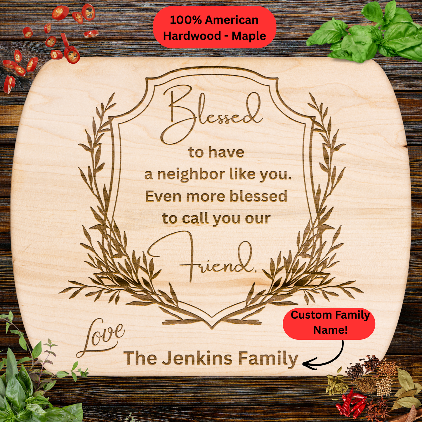 Personalized Neighbor Cutting Board Gift. Custom Family Name. Neighbor Appreciation and Friendship Gift