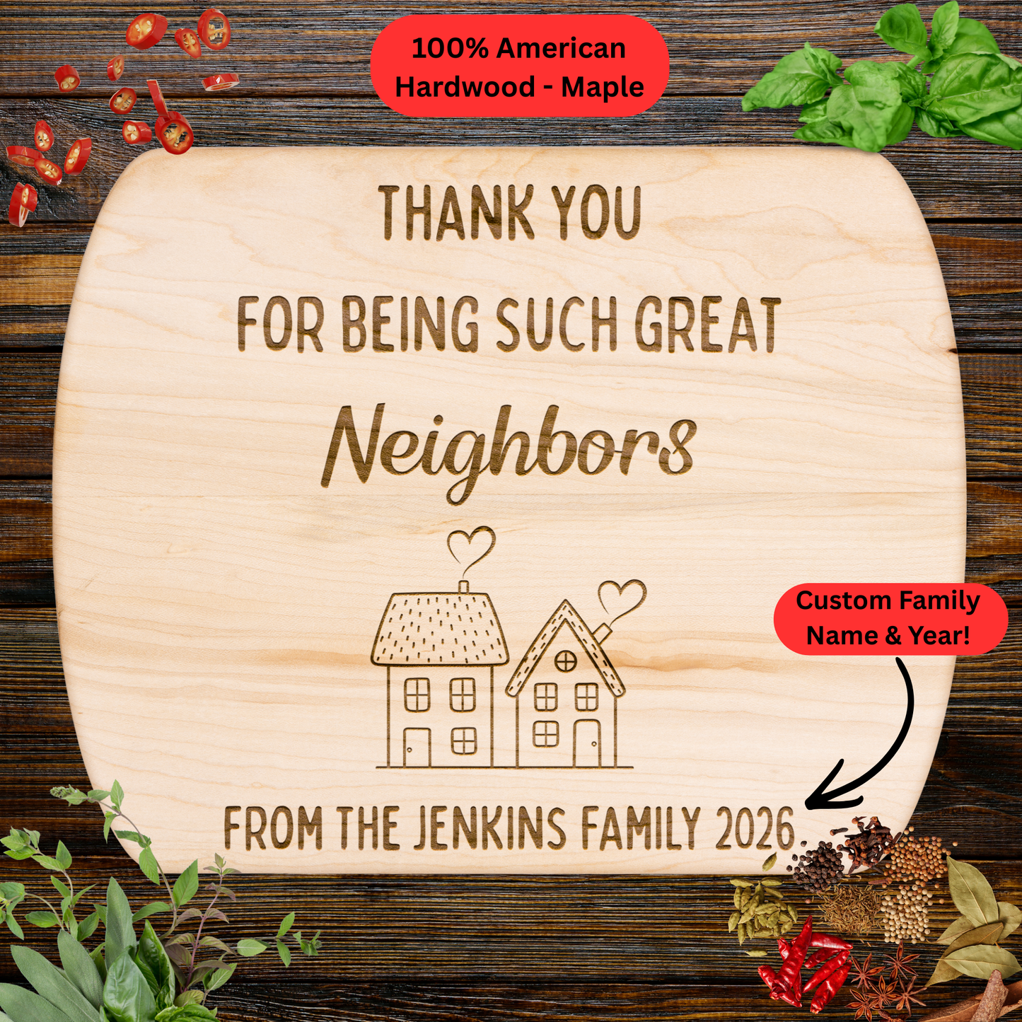 Personalized Neighbor Thank You Cutting Board. Custom Family Name and Year Gift. Neighbor Appreciation Gift