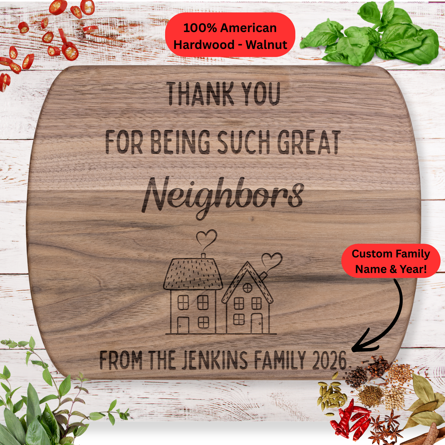 Personalized Neighbor Thank You Cutting Board. Custom Family Name and Year Gift. Neighbor Appreciation Gift