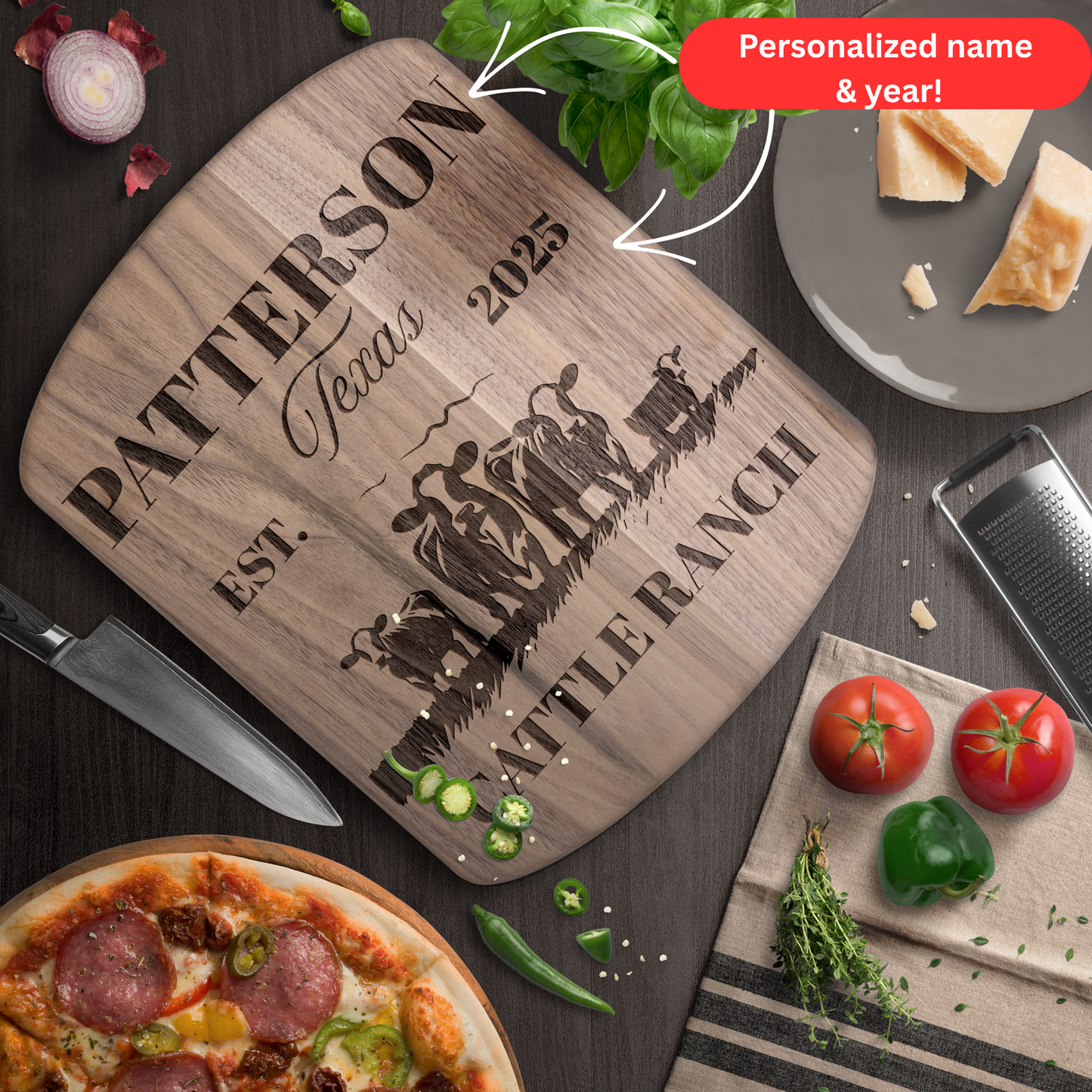 Personalized Cattle Ranch Cutting Board. Custom Family Name, State & Year with Cattle Design