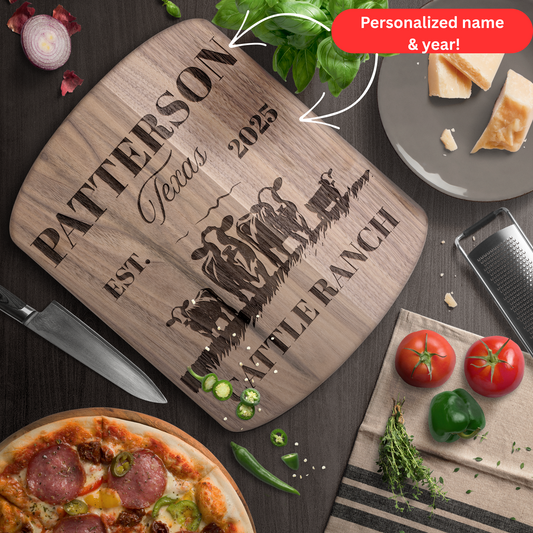 Personalized Cattle Ranch Cutting Board. Custom Family Name, State & Year with Cattle Design