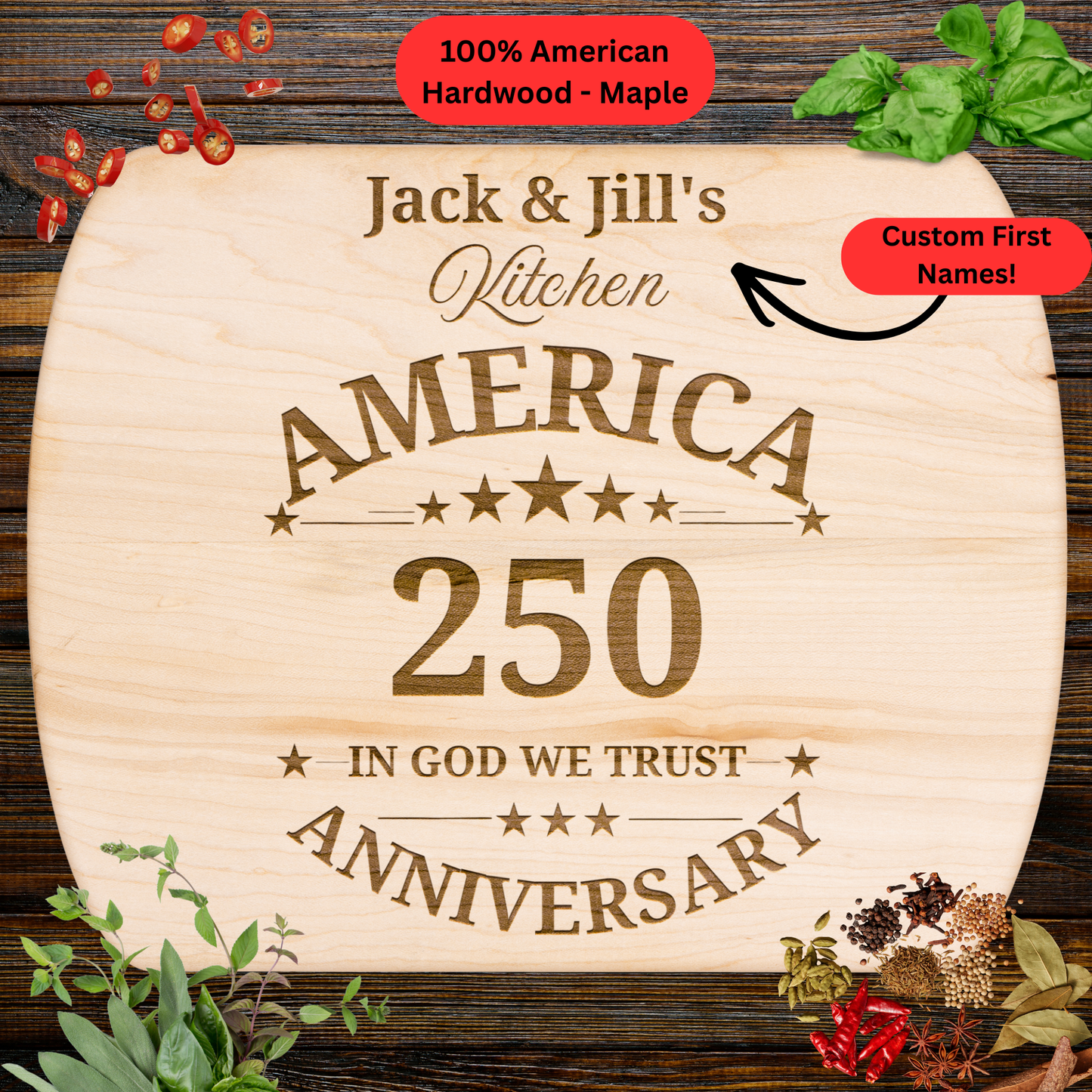 Personalized 250th Anniversary Cutting Board. America 250. Custom First Name Kitchen Board