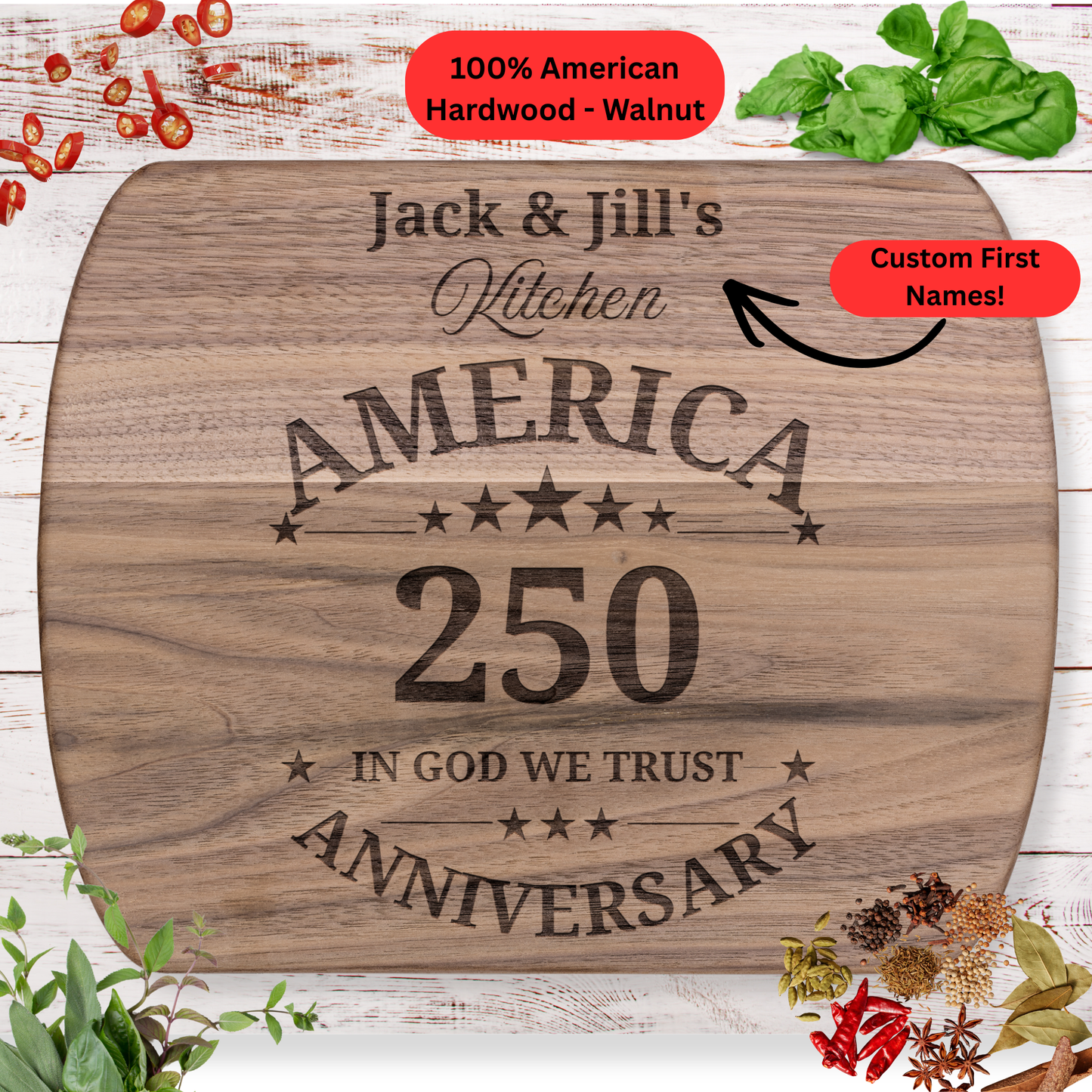 Personalized 250th Anniversary Cutting Board. America 250. Custom First Name Kitchen Board