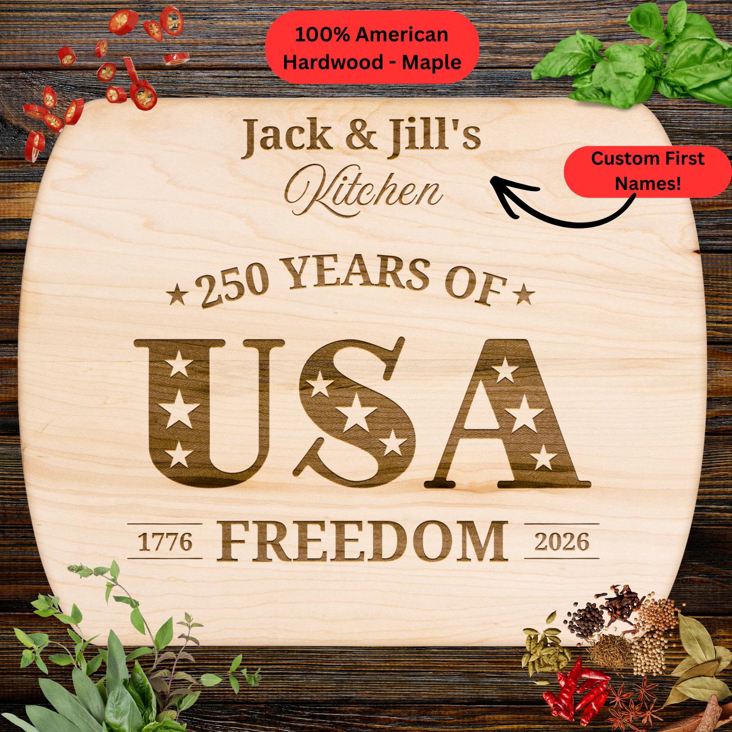 Personalized USA 250th Anniversary Cutting Board. Custom Names Kitchen Gift. Patriotic Housewarming Gift