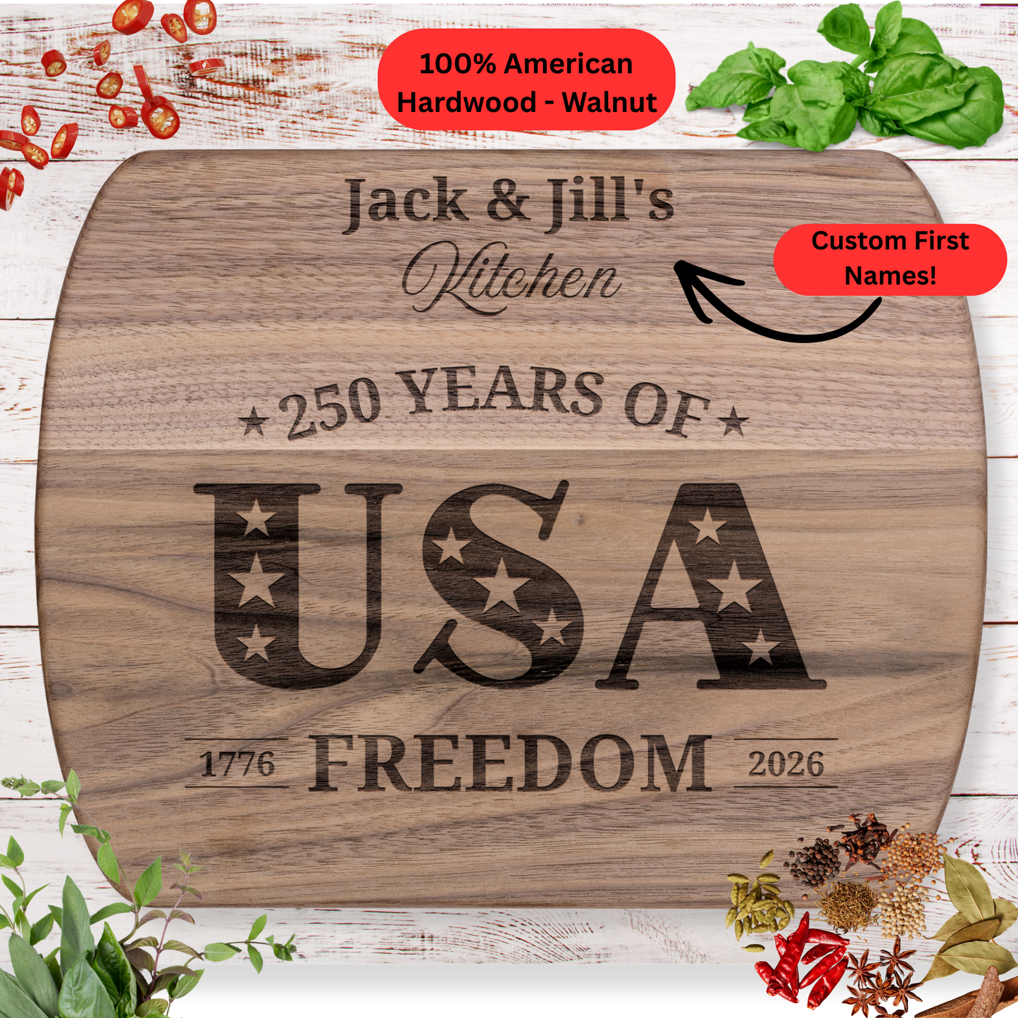 Personalized USA 250th Anniversary Cutting Board. Custom Names Kitchen Gift. Patriotic Housewarming Gift