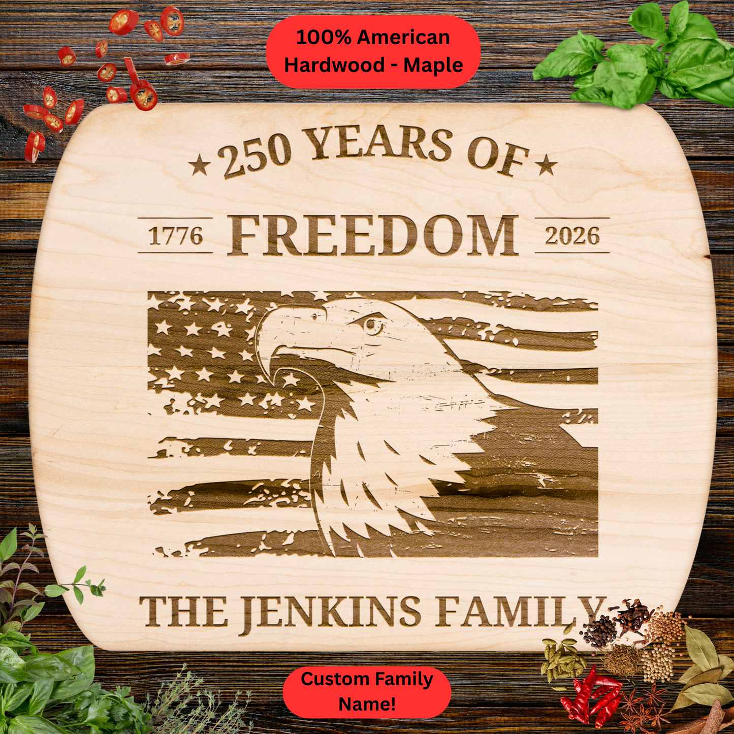 Personalized Family Name Cutting Board. USA 250th Anniversary Gift. Patriotic Housewarming Gift