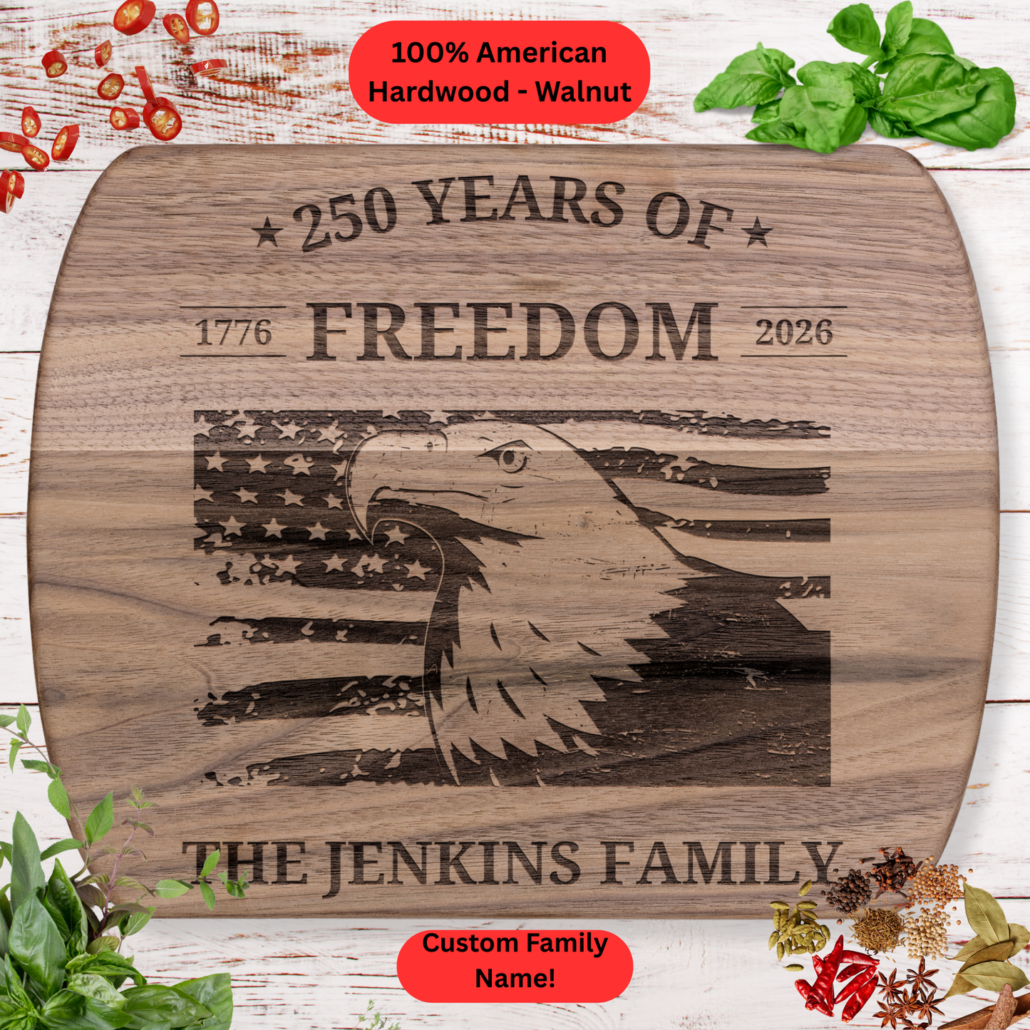 Personalized Family Name Cutting Board. USA 250th Anniversary Gift. Patriotic Housewarming Gift