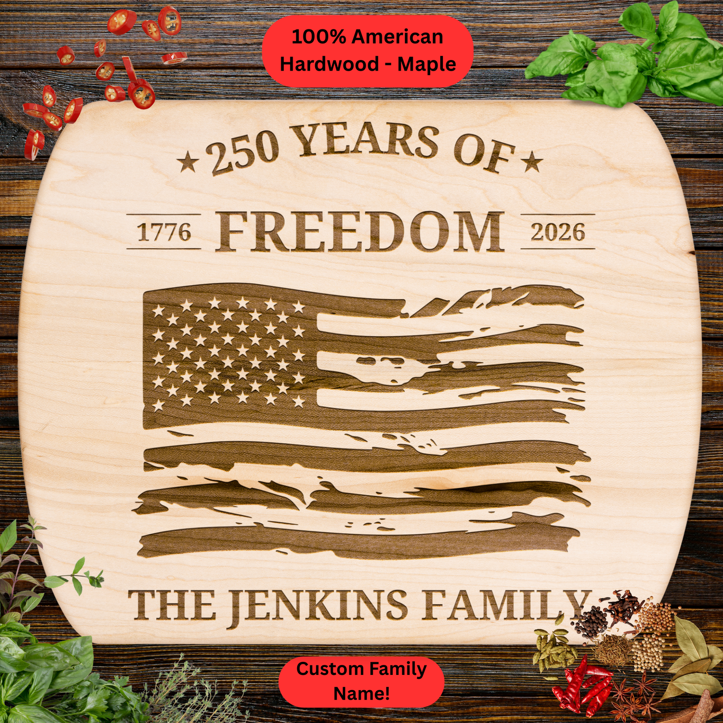 Personalized Family Name Cutting Board. USA 250th Anniversary Gift. Custom Patriotic Gift