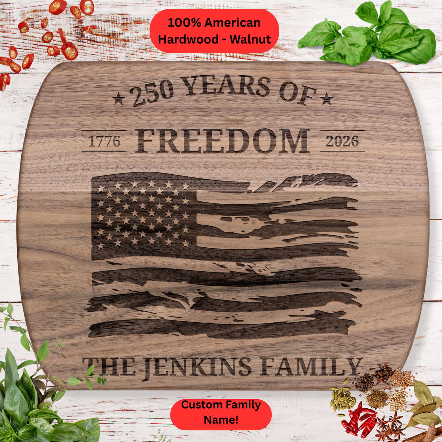 Personalized Family Name Cutting Board. USA 250th Anniversary Gift. Custom Patriotic Gift