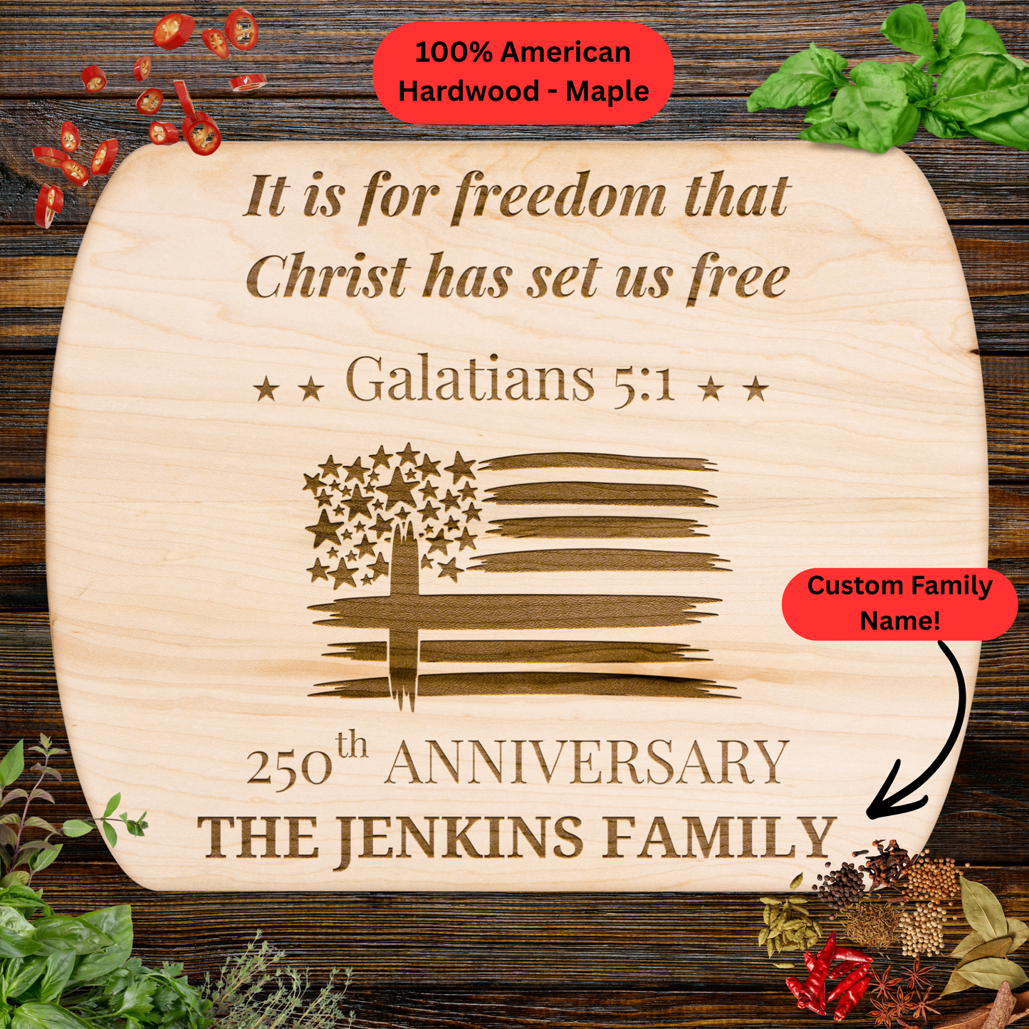 Personalized Christian Cutting Board. USA 250th Anniversary Gift. Custom Family Name Board