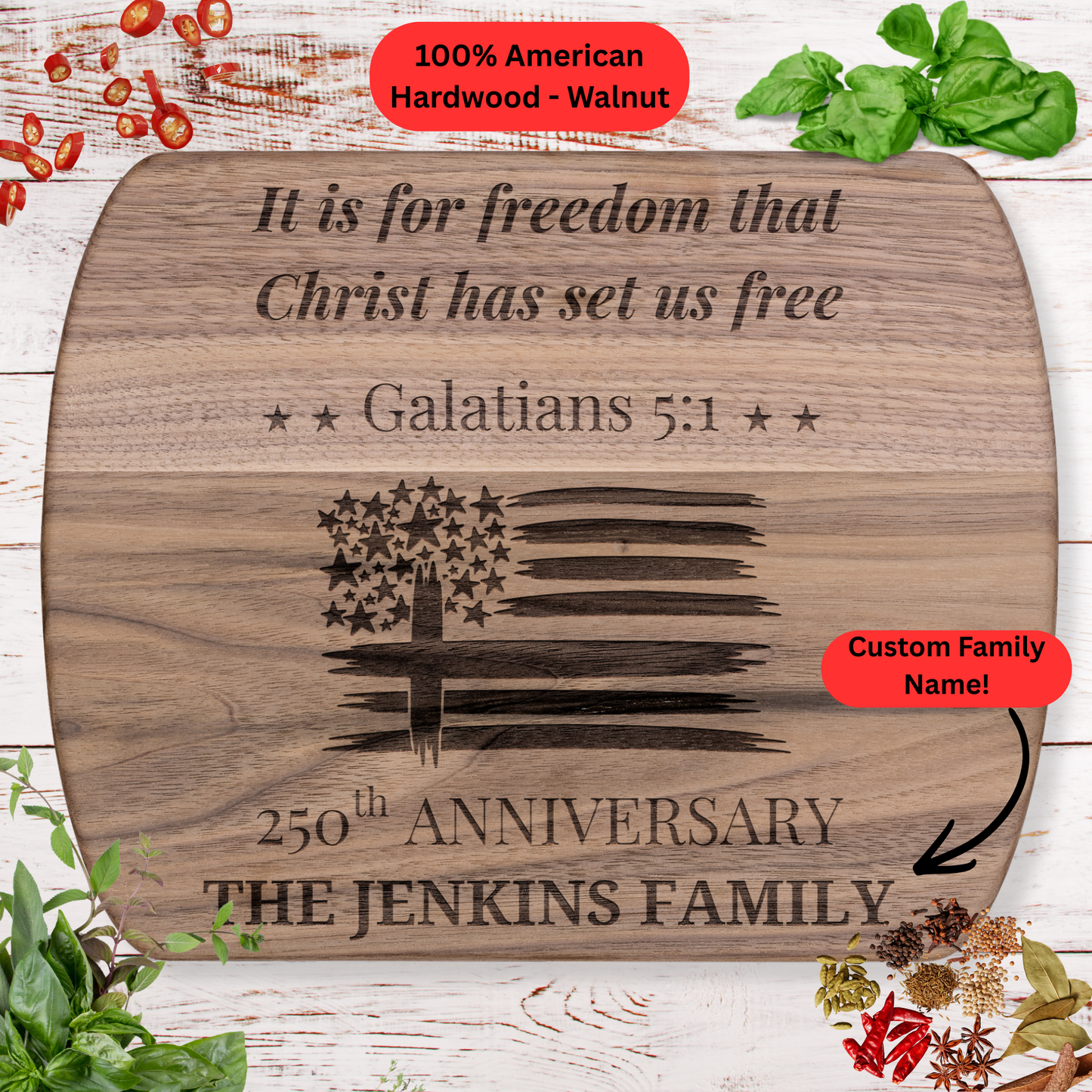 Personalized Christian Cutting Board. USA 250th Anniversary Gift. Custom Family Name Board