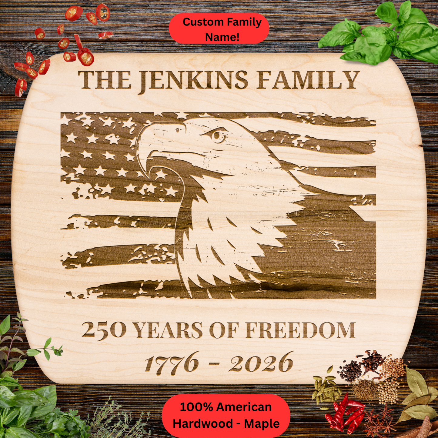 Personalized Cutting Board. Custom Family Name Kitchen Decor. Patriotic Gift