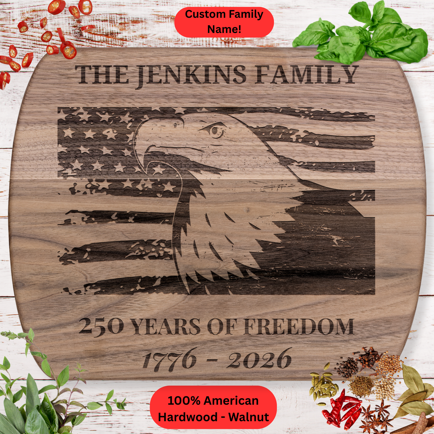 Personalized Cutting Board. Custom Family Name Kitchen Decor. Patriotic Gift