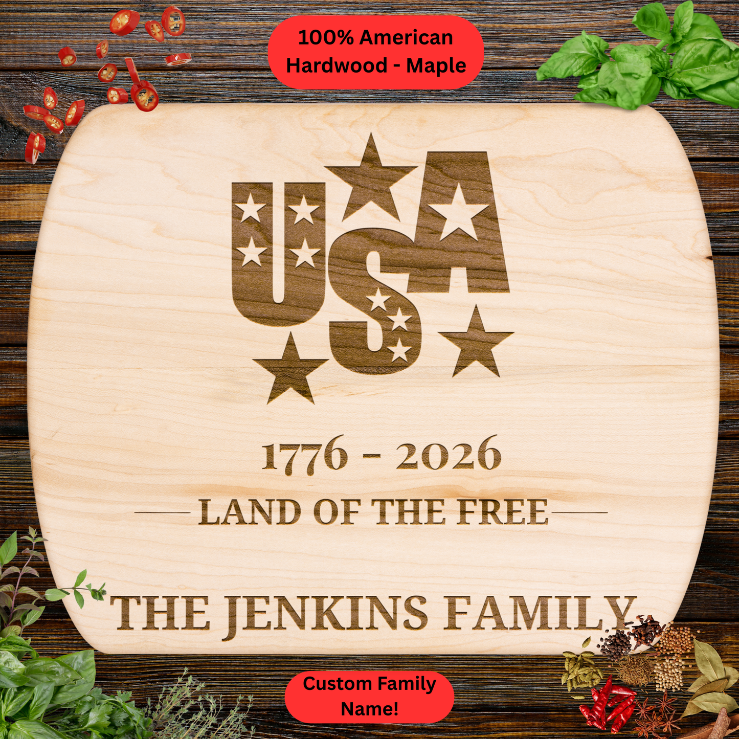 Personalized USA Cutting Board. Custom Family Name Kitchen Board. Patriotic American Housewarming Gift.