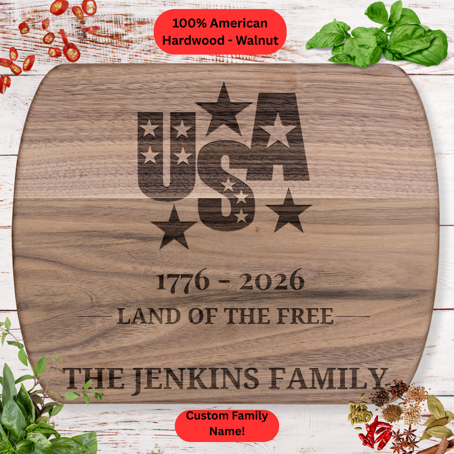 Personalized USA Cutting Board. Custom Family Name Kitchen Board. Patriotic American Housewarming Gift.