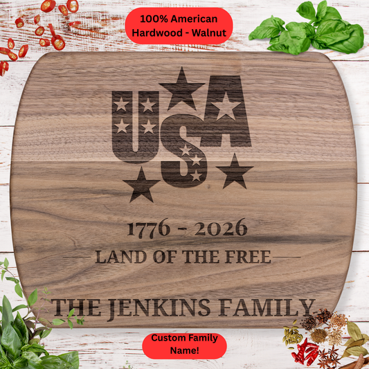Personalized USA Cutting Board. Custom Family Name Kitchen Board. Patriotic American Housewarming Gift.