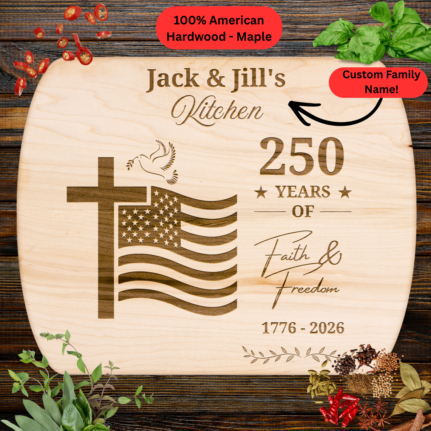 Personalized Cutting Board. 1776–2026 American Anniversary Gift. Custom Family Name Kitchen Decor. USA Made