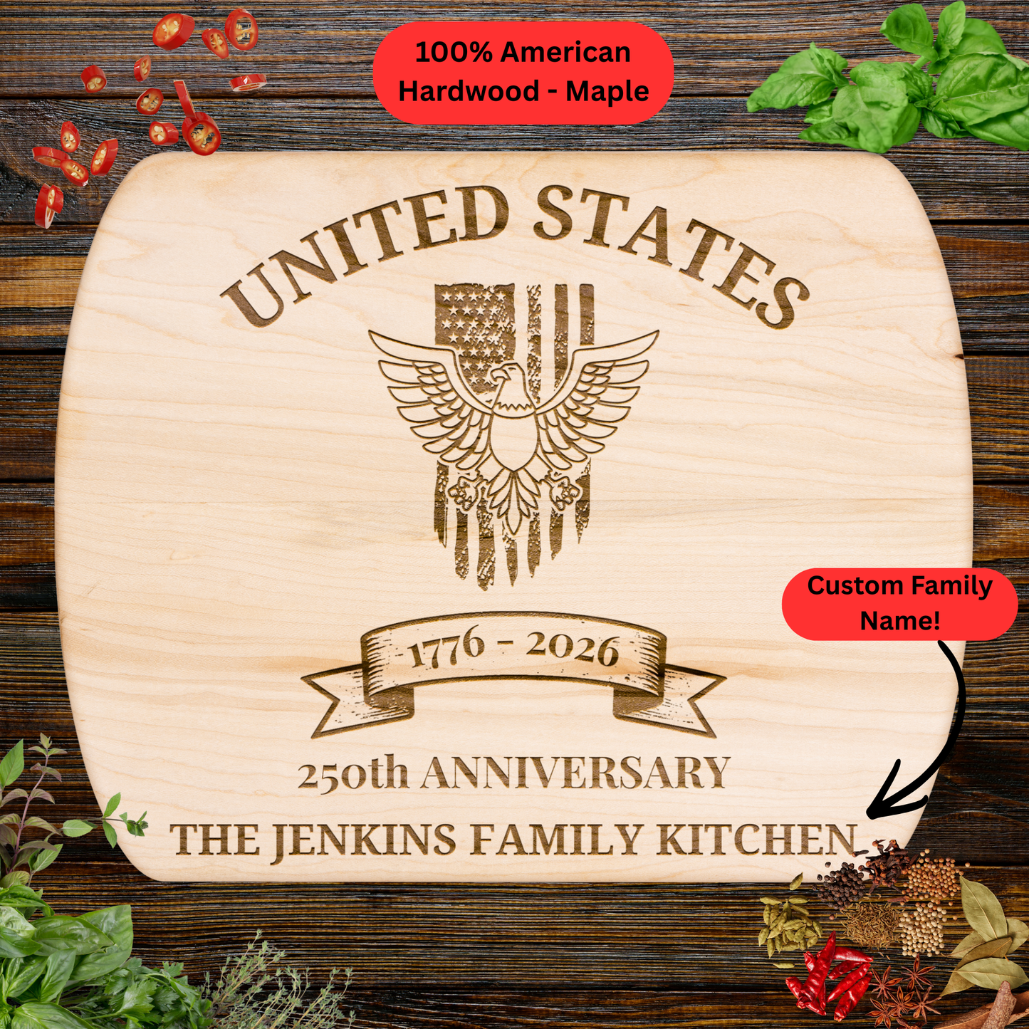 United States 250th Anniversary Personalized Cutting Board. Custom Family Name Gift. USA Made