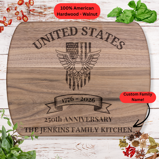 United States 250th Anniversary Personalized Cutting Board. Custom Family Name Gift. USA Made