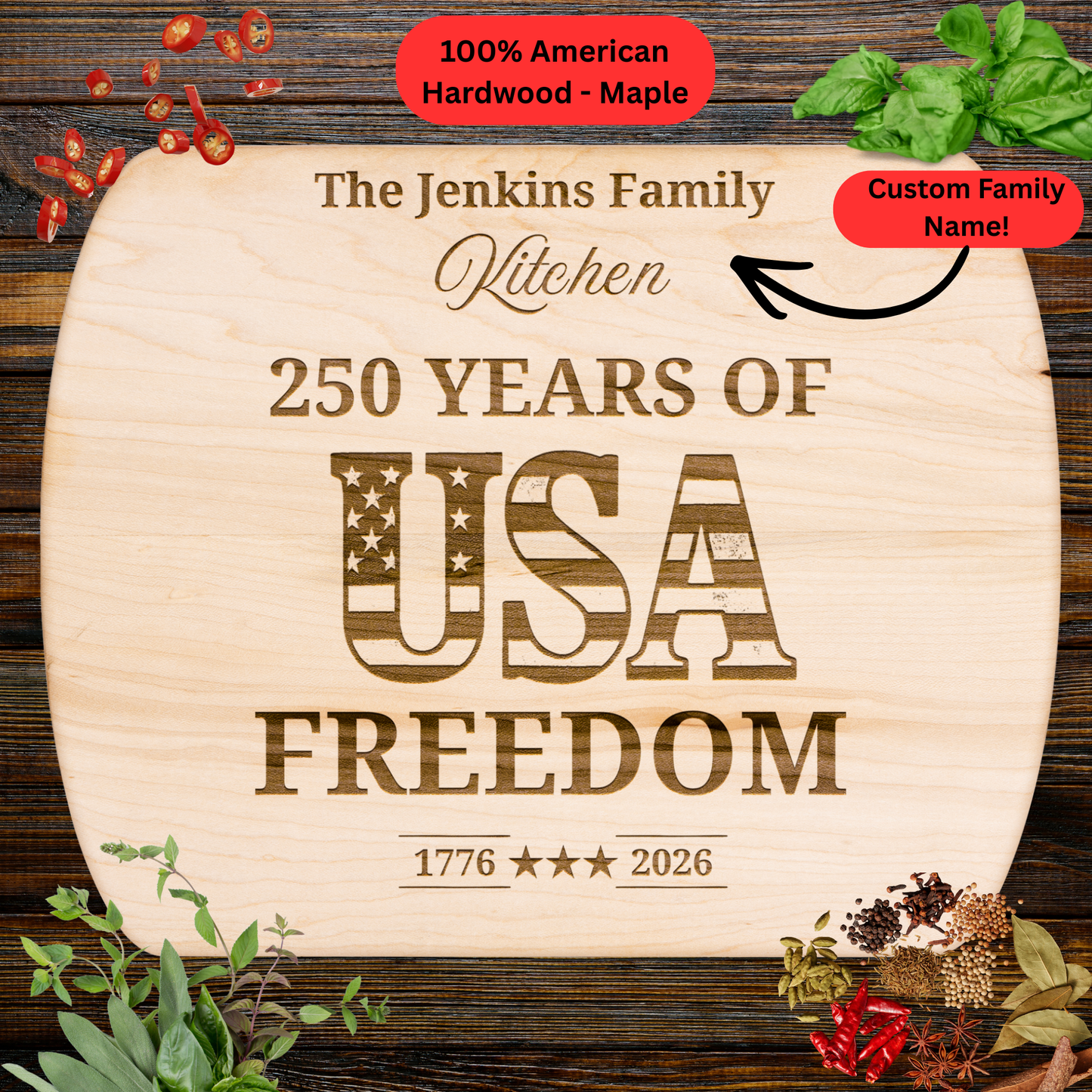 250 Years of USA Freedom Personalized Cutting Board. Custom Family Name Cutting Board. Patriotic USA Kitchen Decor