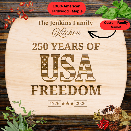 250 Years of USA Freedom Personalized Cutting Board. Custom Family Name Cutting Board. Patriotic USA Kitchen Decor