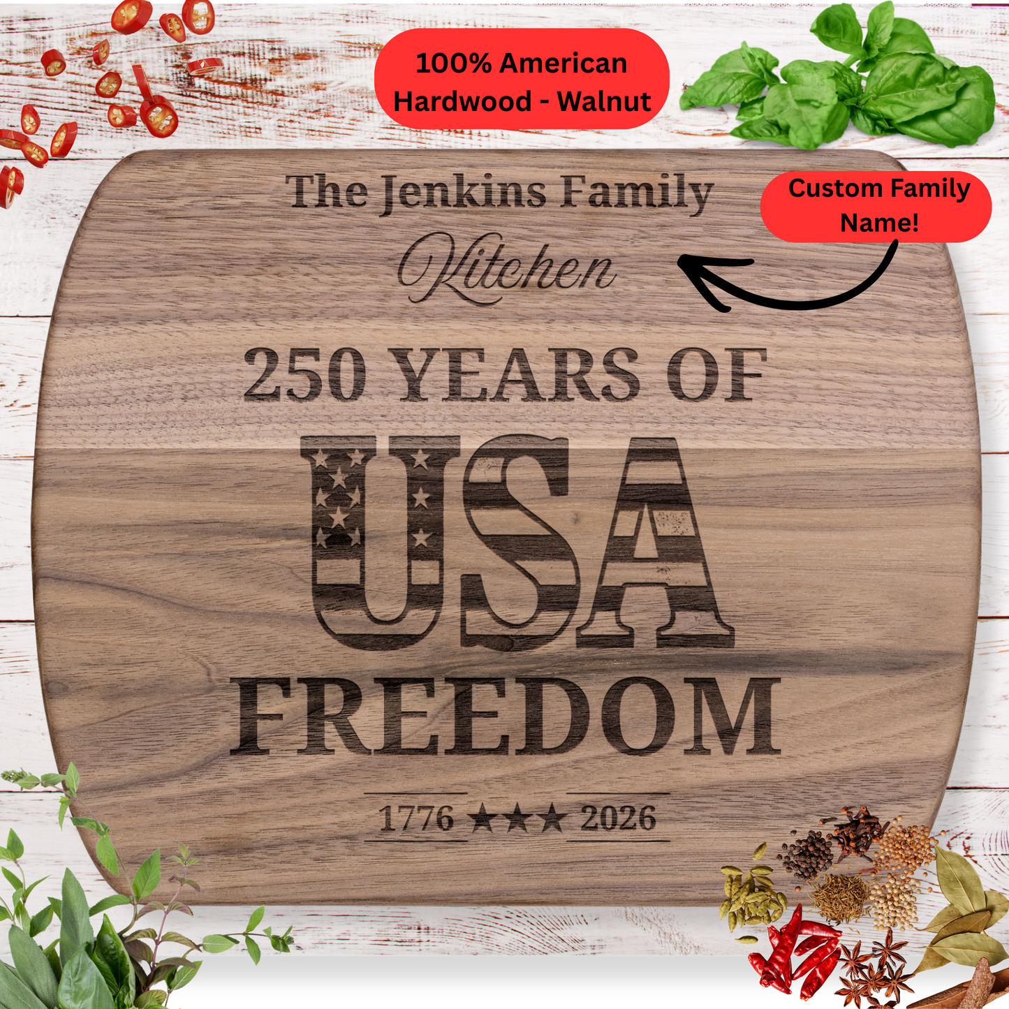 250 Years of USA Freedom Personalized Cutting Board. Custom Family Name Cutting Board. Patriotic USA Kitchen Decor