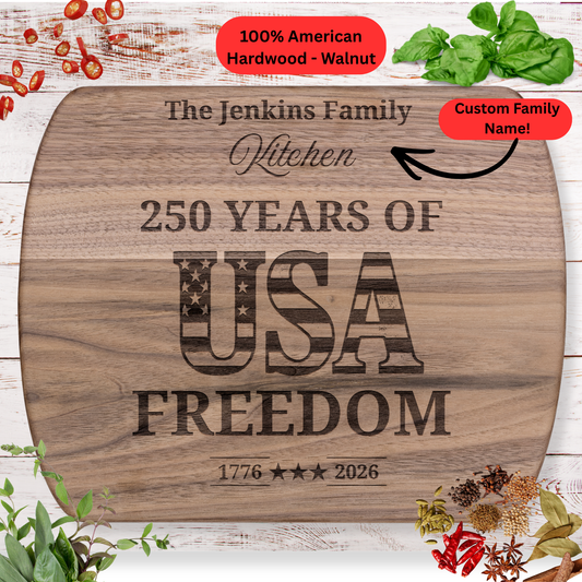 250 Years of USA Freedom Personalized Cutting Board. Custom Family Name Cutting Board. Patriotic USA Kitchen Decor