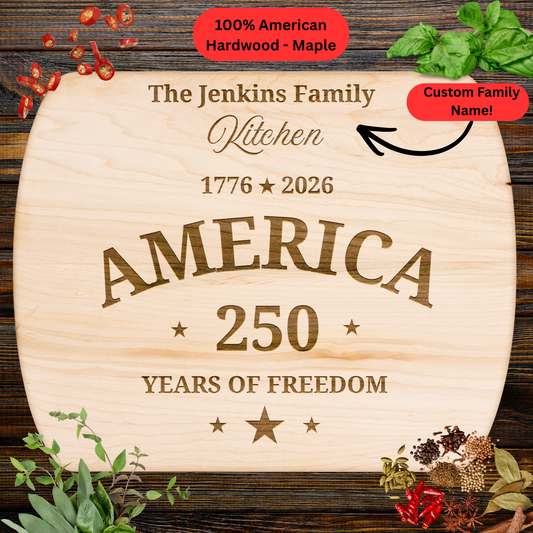 America 250 Years of Freedom Personalized Cutting Board. Custom Family Name Gift.  Patriotic Kitchen Decor. USA Anniversary Keepsake