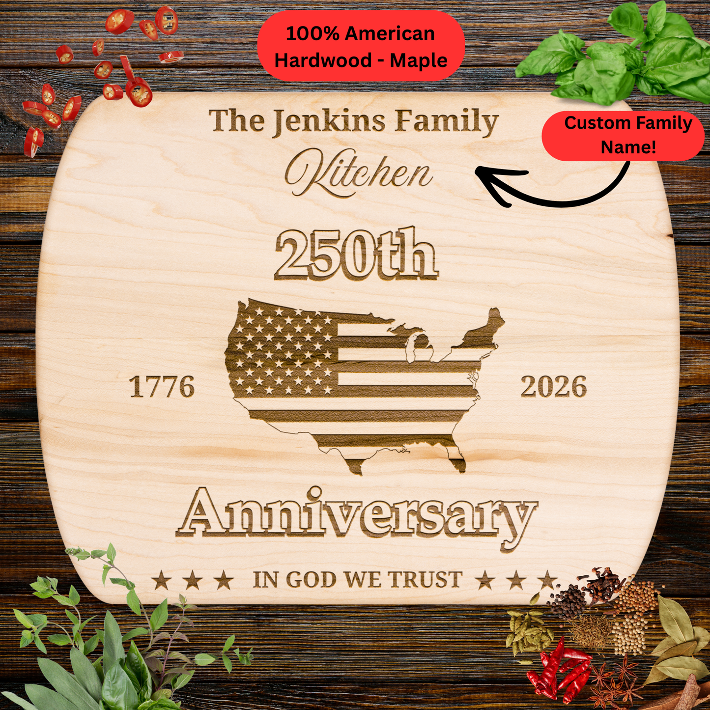 250th Anniversary Personalized Cutting Board. Custom Family Name Gift. USA Flag Map Patriotic Kitchen Decor
