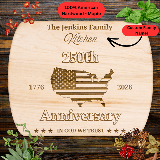 250th Anniversary Personalized Cutting Board. Custom Family Name Gift. USA Flag Map Patriotic Kitchen Decor