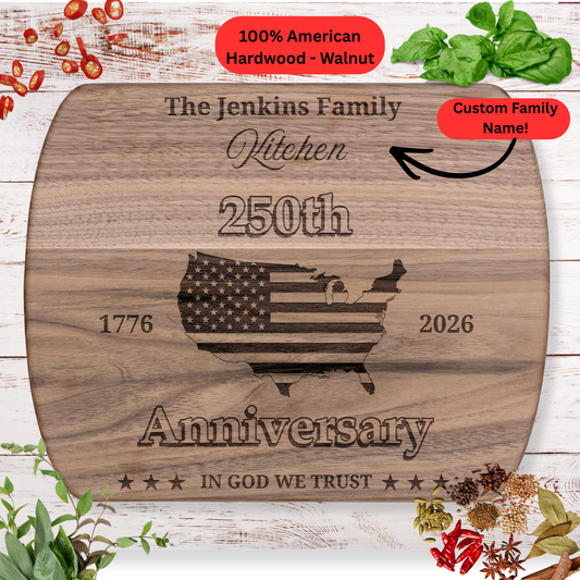 250th Anniversary Personalized Cutting Board. Custom Family Name Gift. USA Flag Map Patriotic Kitchen Decor