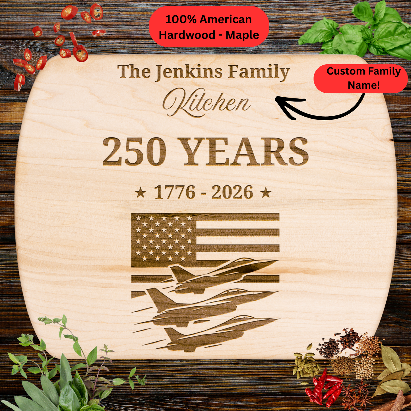 250 Years Personalized Cutting Board. Custom Family Name Cutting Board. USA Flag Patriotic Decor