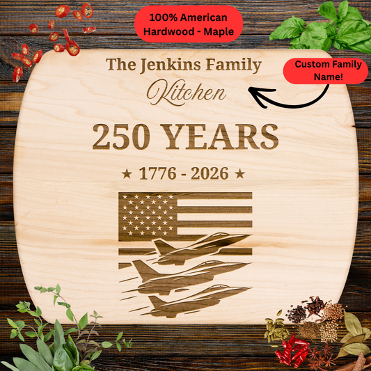 250 Years Personalized Cutting Board. Custom Family Name Cutting Board. USA Flag Patriotic Decor
