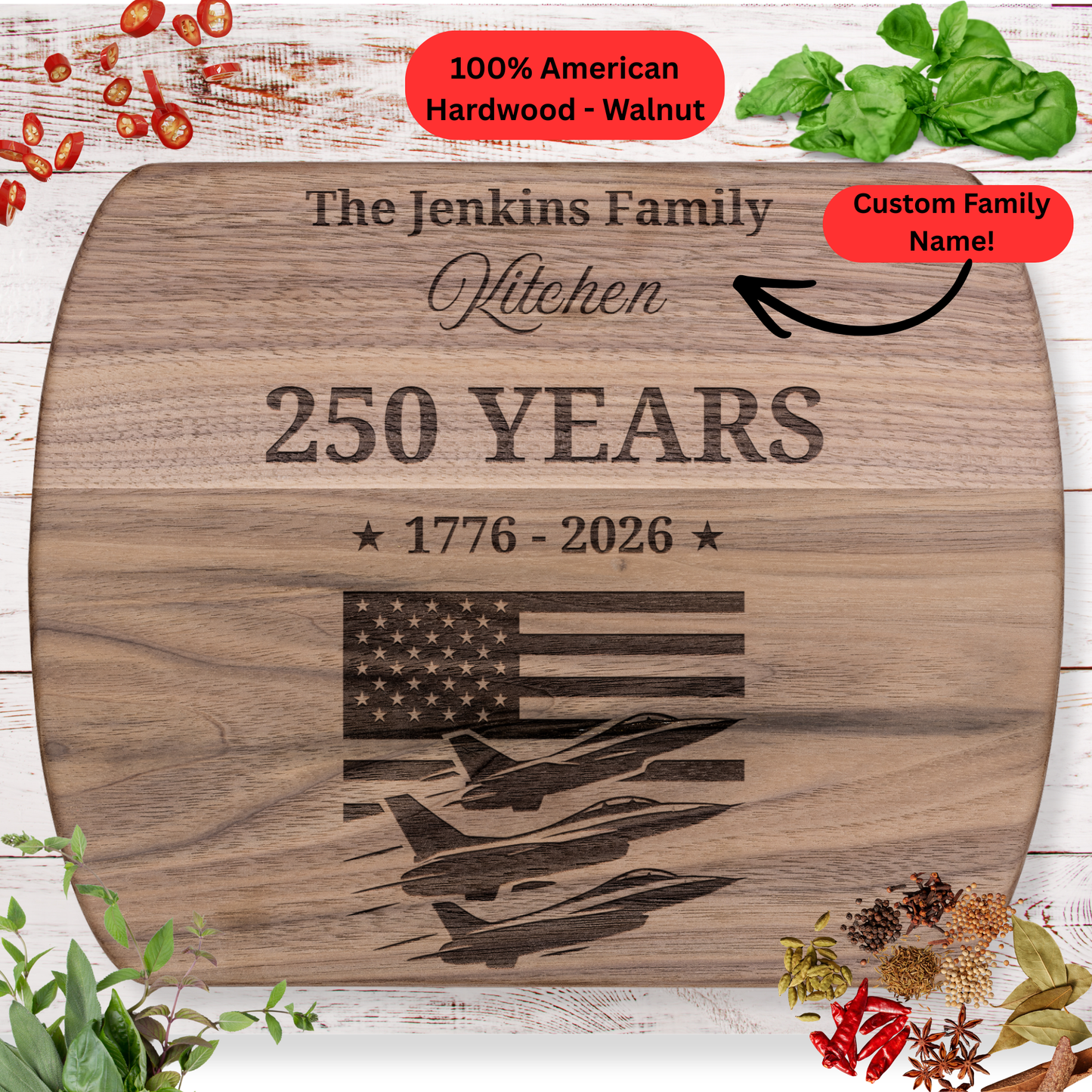 250 Years Personalized Cutting Board. Custom Family Name Cutting Board. USA Flag Patriotic Decor