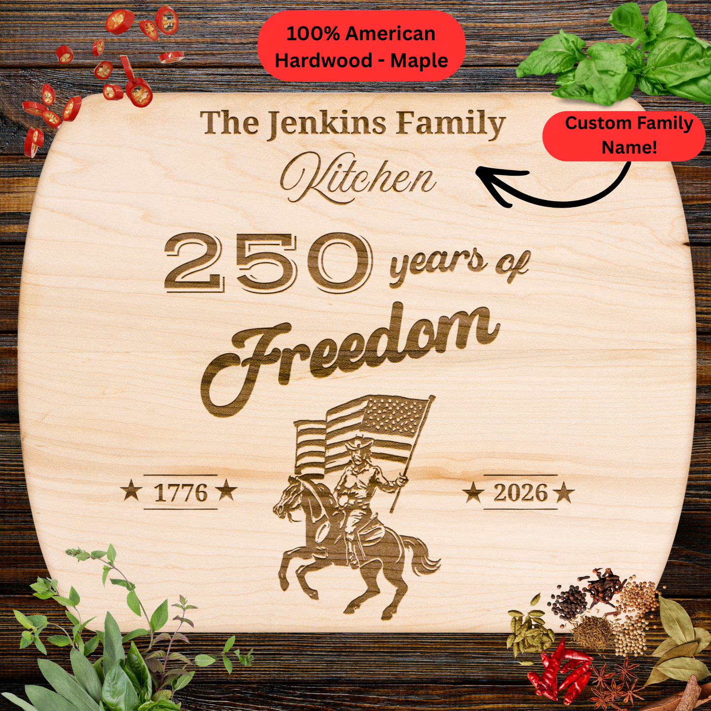 250 Years of Freedom Personalized Cutting Board. Custom Family Name Gift. Patriotic USA Kitchen Decor