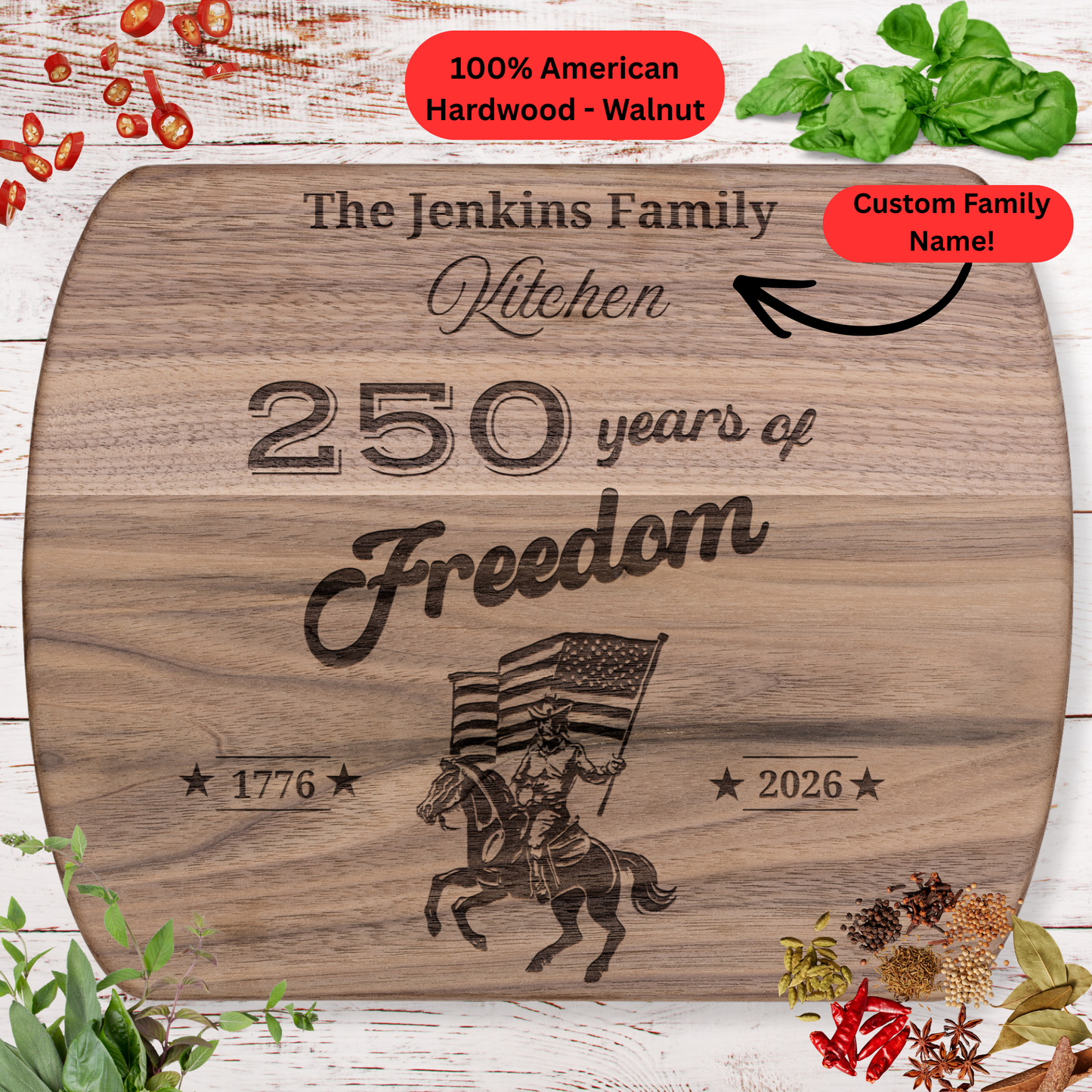 250 Years of Freedom Personalized Cutting Board. Custom Family Name Gift. Patriotic USA Kitchen Decor
