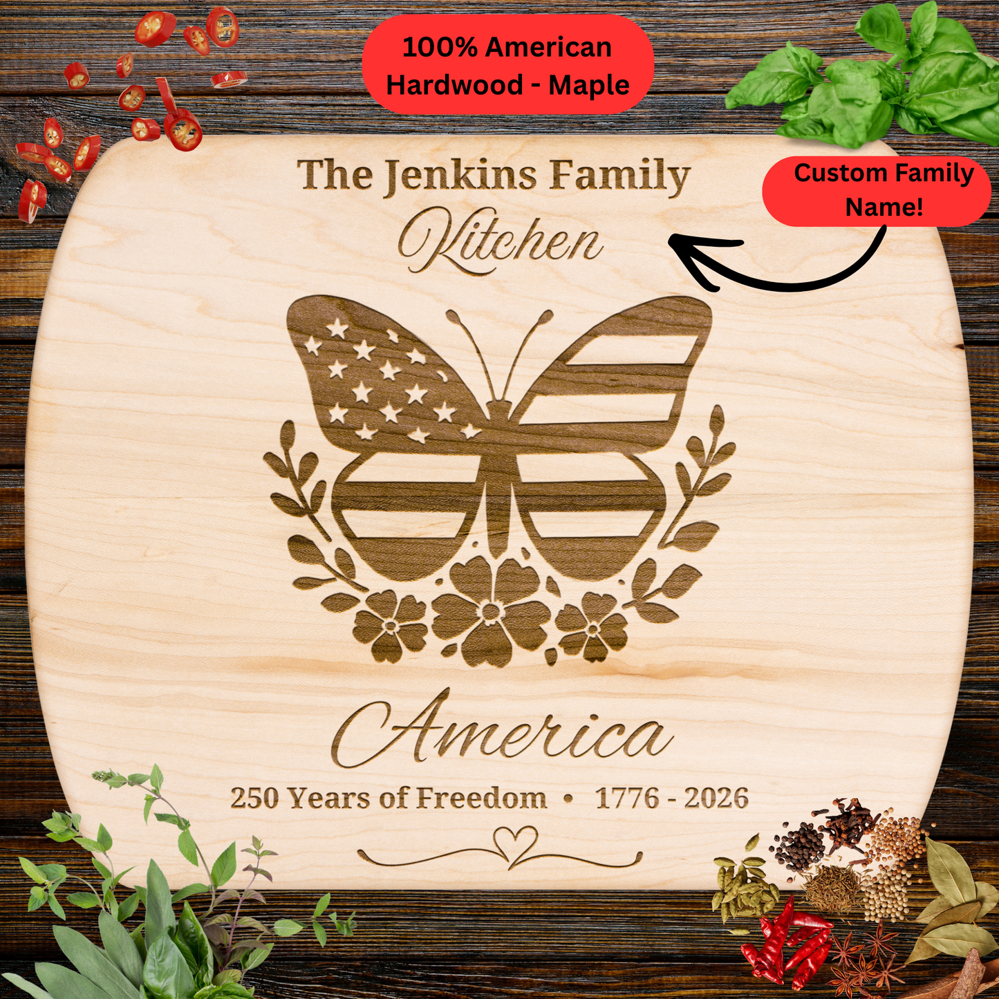 America 250 Years of Freedom Personalized Cutting Board. Custom Family Name Gift. USA Anniversary Keepsake