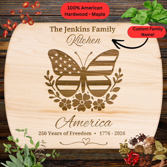 America 250 Years of Freedom Personalized Cutting Board. Custom Family Name Gift. USA Anniversary Keepsake