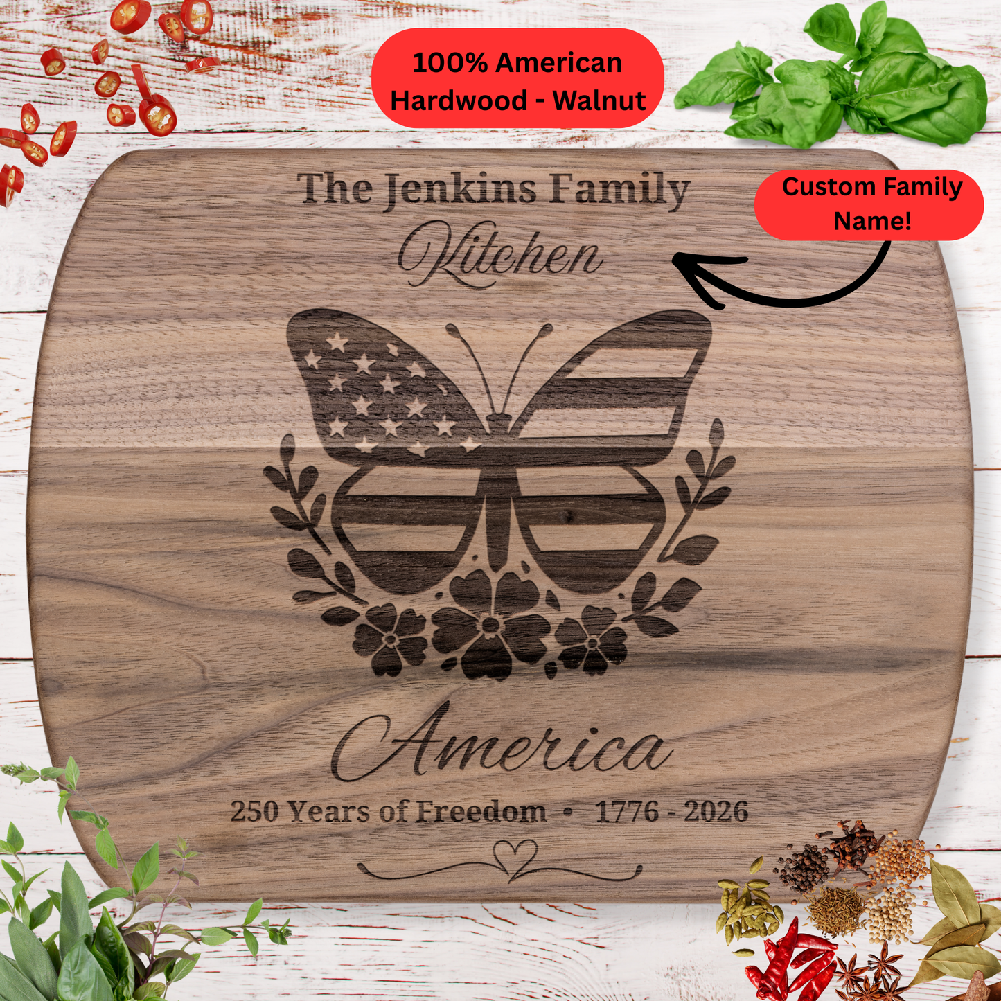 America 250 Years of Freedom Personalized Cutting Board. Custom Family Name Gift. USA Anniversary Keepsake