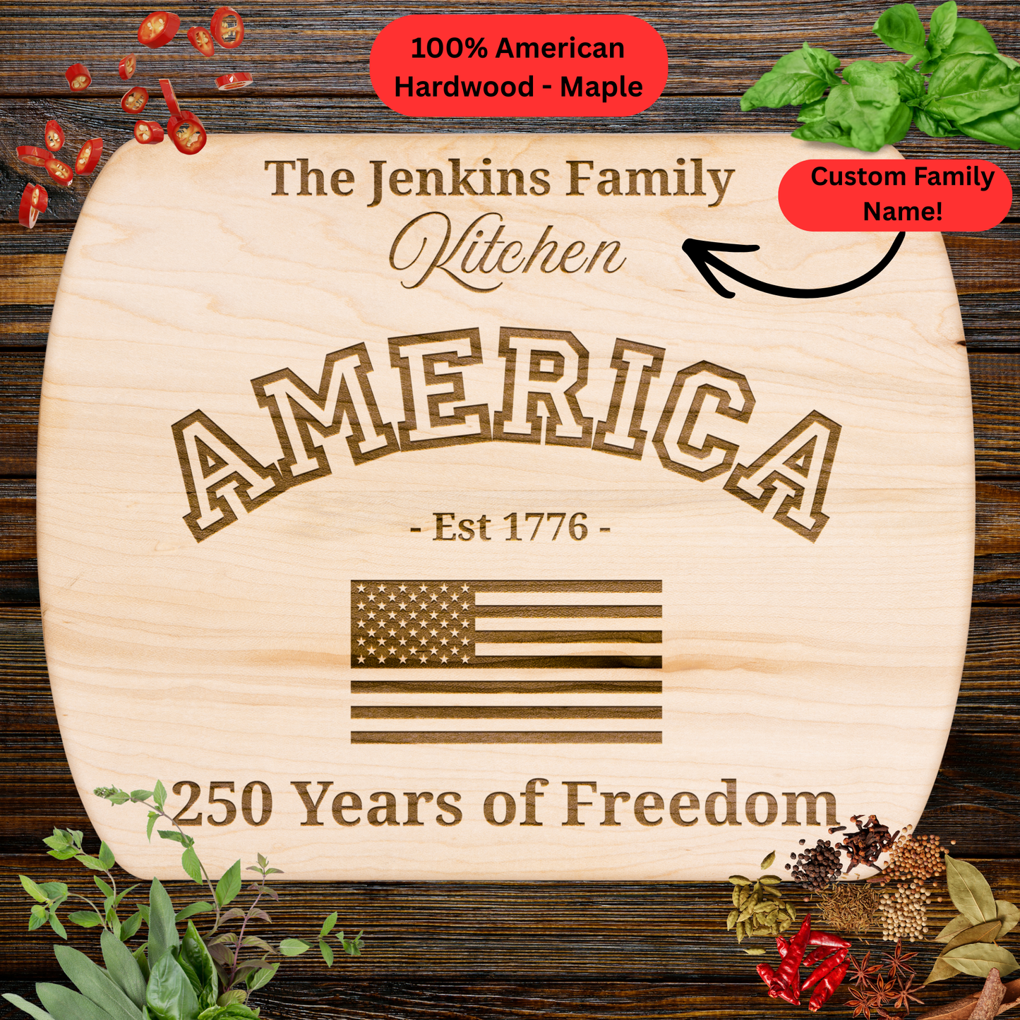 America 250 Years of Freedom Personalized Cutting Board. Custom Family Name Gift. American Flag Kitchen Decor. Patriotic USA Keepsake