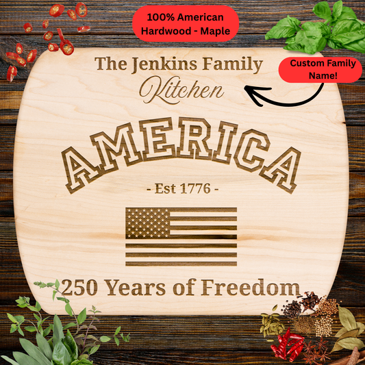 America 250 Years of Freedom Personalized Cutting Board. Custom Family Name Gift. American Flag Kitchen Decor. Patriotic USA Keepsake