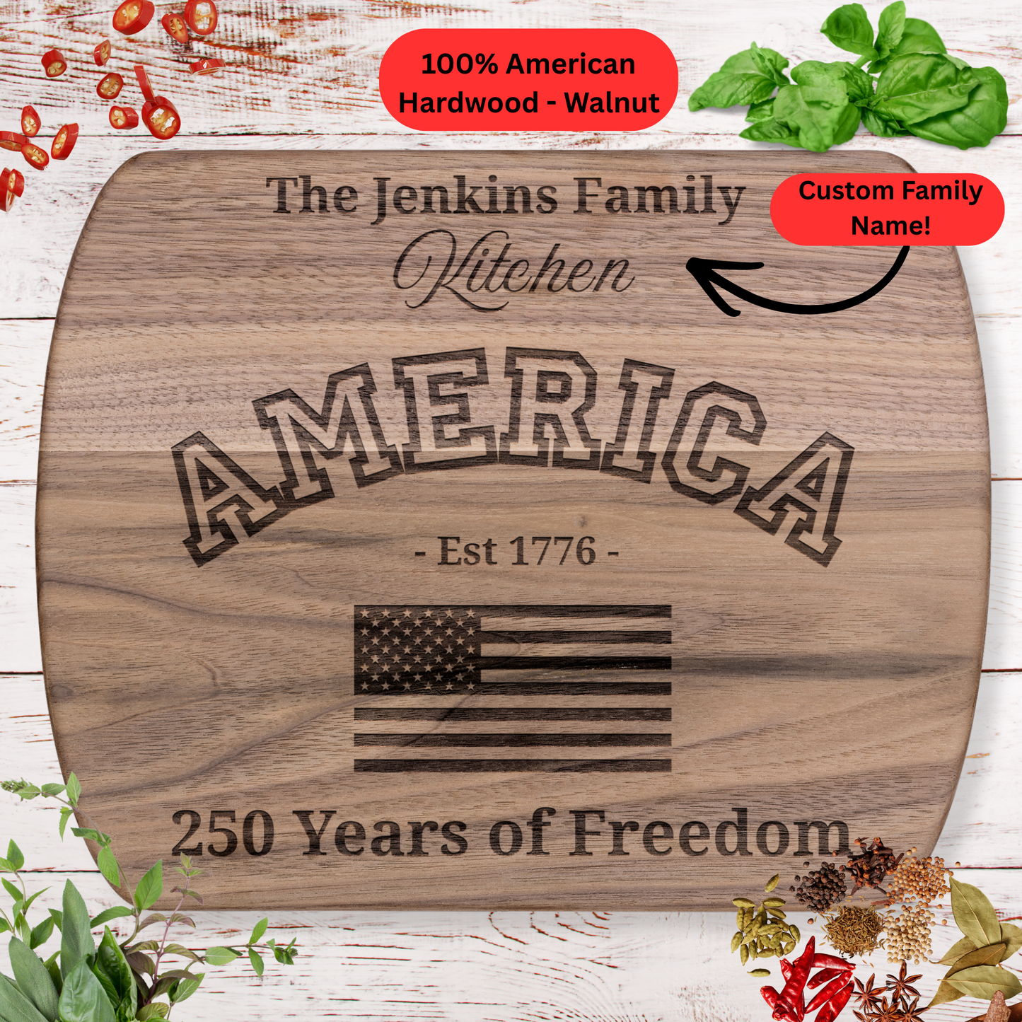 America 250 Years of Freedom Personalized Cutting Board. Custom Family Name Gift. American Flag Kitchen Decor. Patriotic USA Keepsake